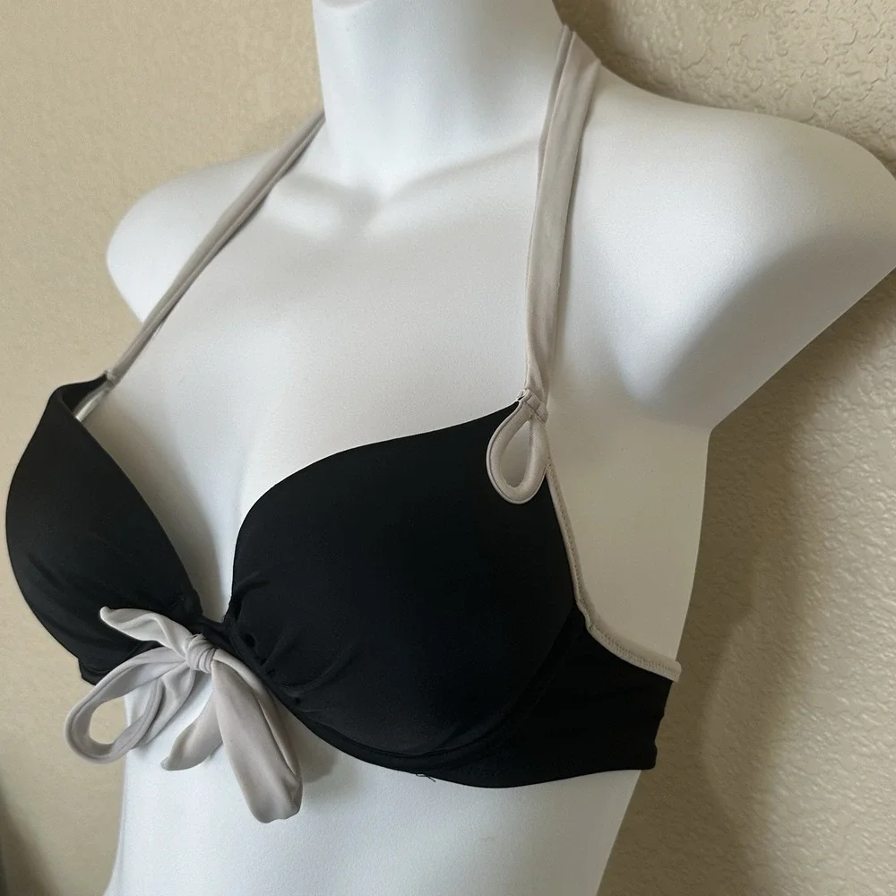 Victorias Secret Bikini Top Black Cream Halter Tie Bow Front 34a